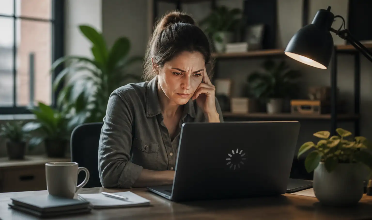 Femme soucieuse devant un écran qui charge
