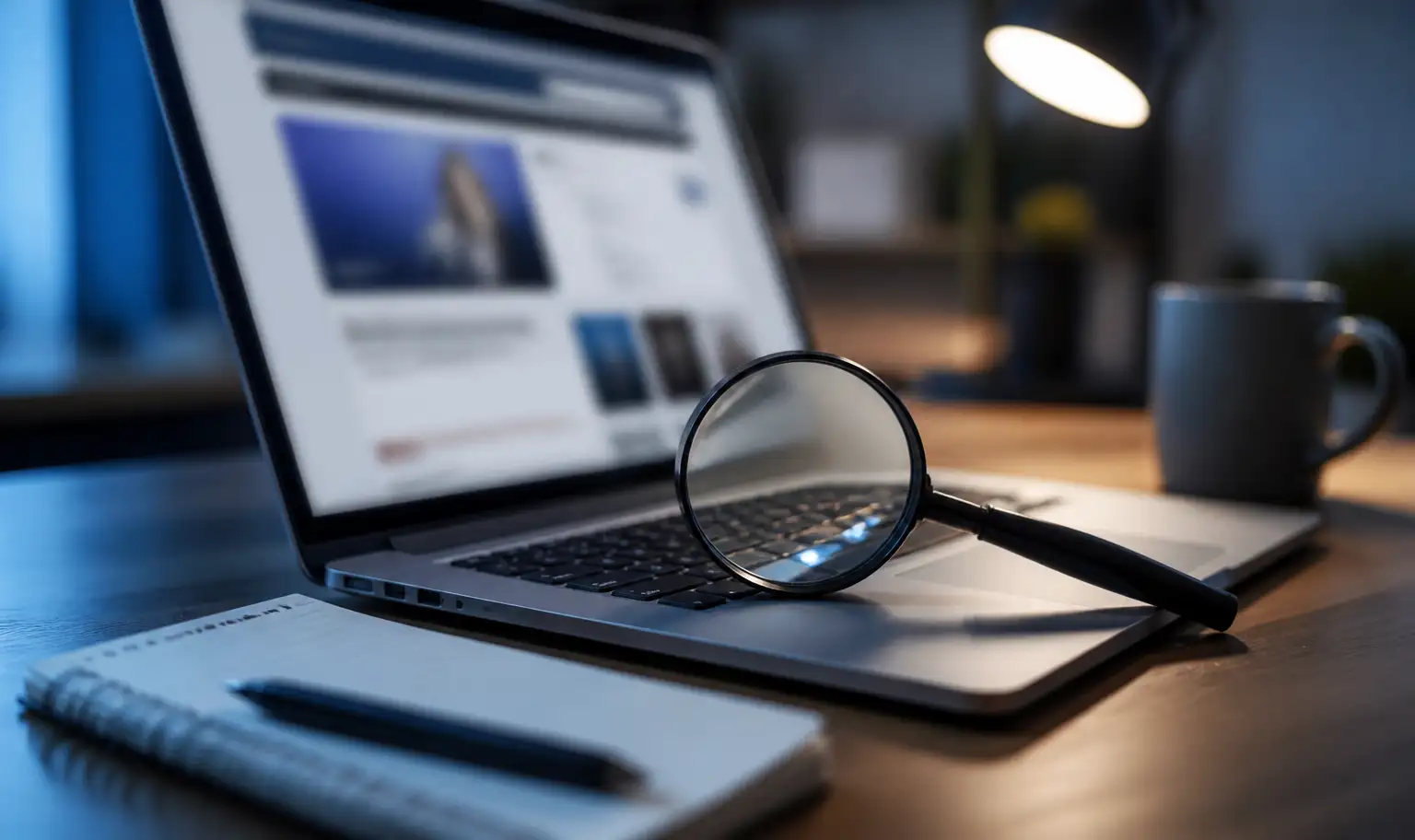 Loupe posée sur un écran affichant un site web