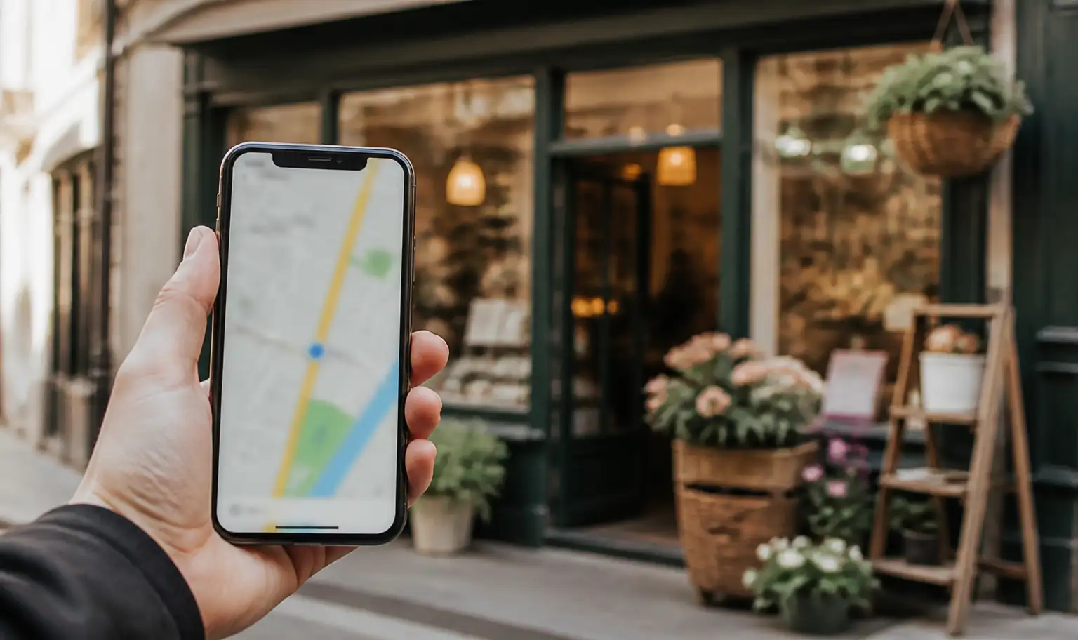 Main tenant un smartphone affichant une carte Google Maps
