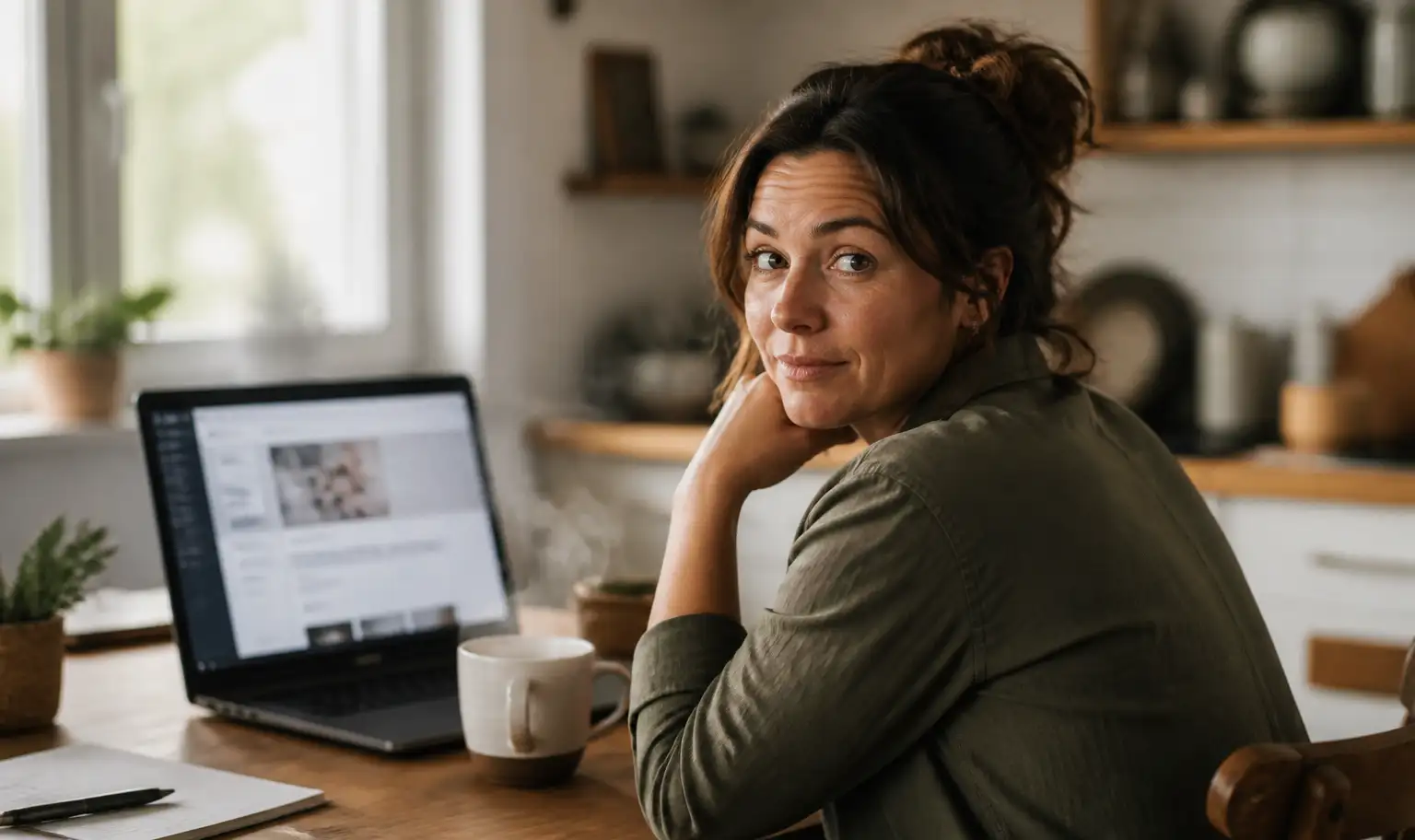 Femme souriante devant un éditeur de site généré par IA