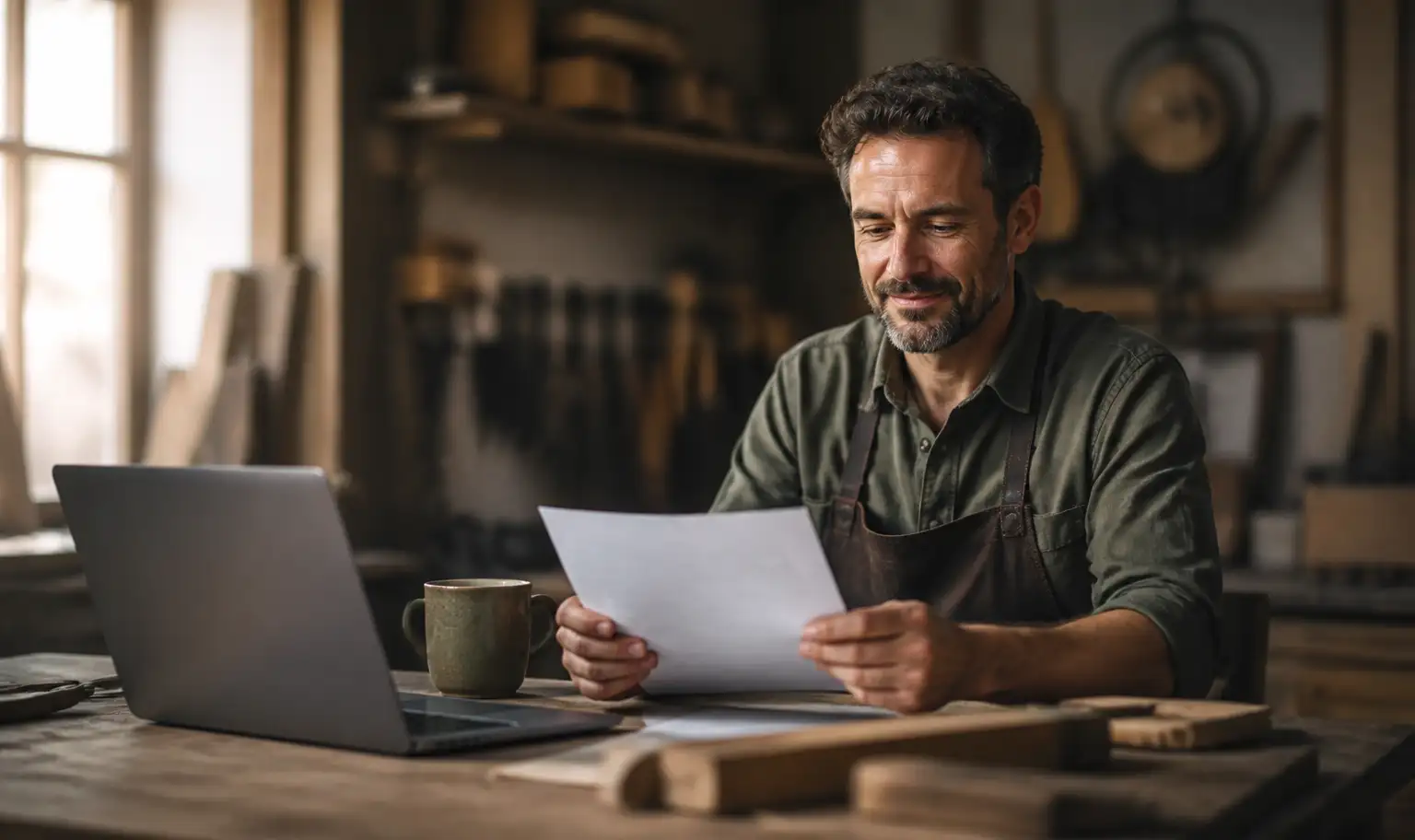 Artisan consultant un devis dans son atelier